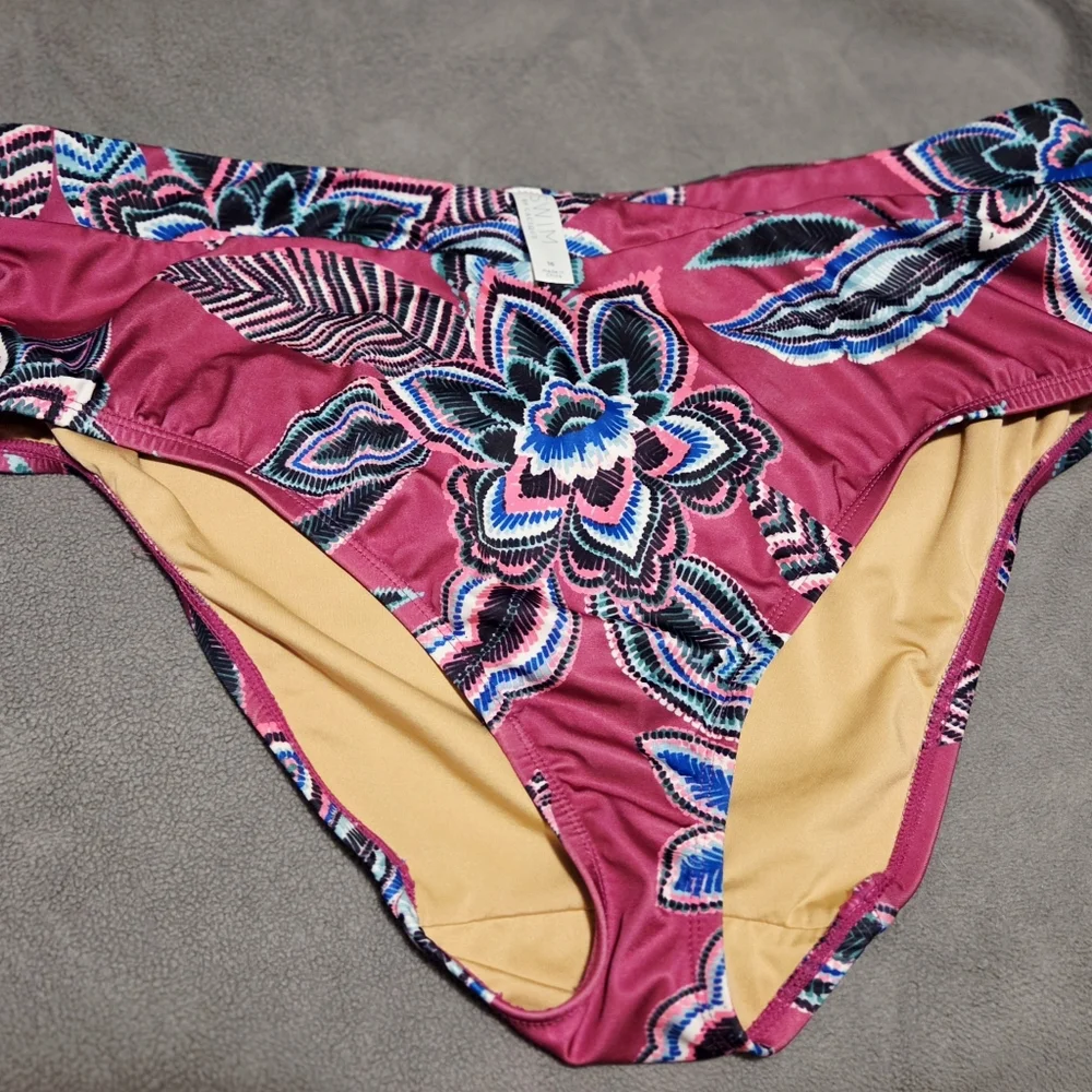 Crossover Waistband Swim Brief, Bikini Bottom Pink Tropical Size 16 Lane Bryant - Picture 2 of 2